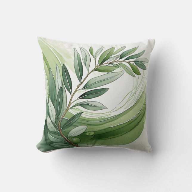 Throw Pillow | Watercolor Olive Branch I (Front)