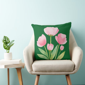 Throw Pillow Watercolor Spring Flowers on Green