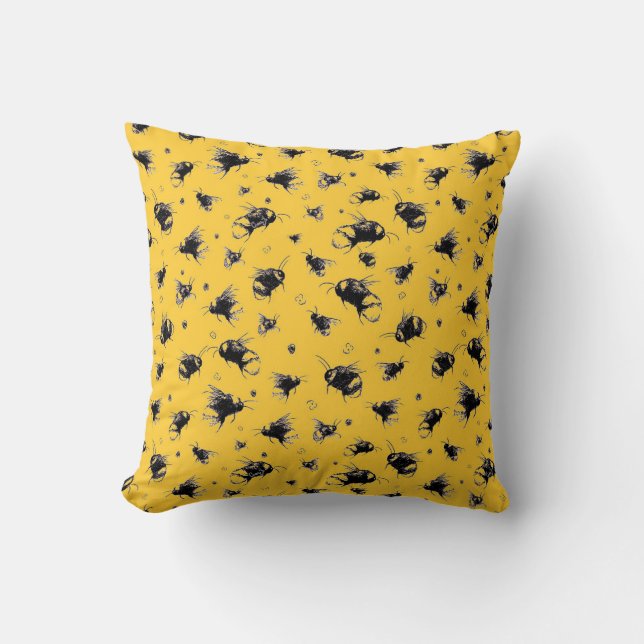 Throw Pillow with Hand-drawn Bee Pattern in Yellow (Front)