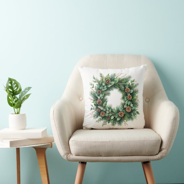 Throw Pillow with Pine Wreath and Cones Illustrati (Chair)