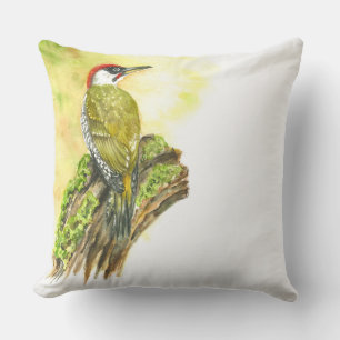 Throw Pillow with Watercolor Green Woodpecker