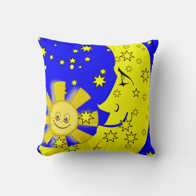 Throw Pillow Yellow Sun Moon Blue (Front)
