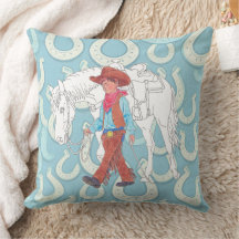 Throw Pillow Young Cowboy and Horse