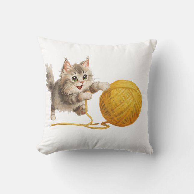 Throw PillowCute Ginger Kitten with Yarn Ball Thro Cushion (Front)