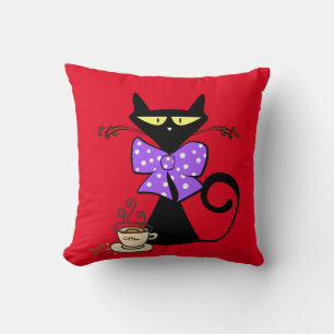 Throw Pillows Black Cat Bow Coffee