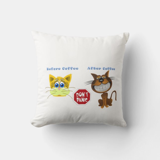 Throw Pillows Cat Before After Coffee White (Front)