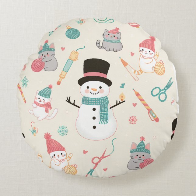 Throw Pillows-cat snowman Round Cushion (Front)