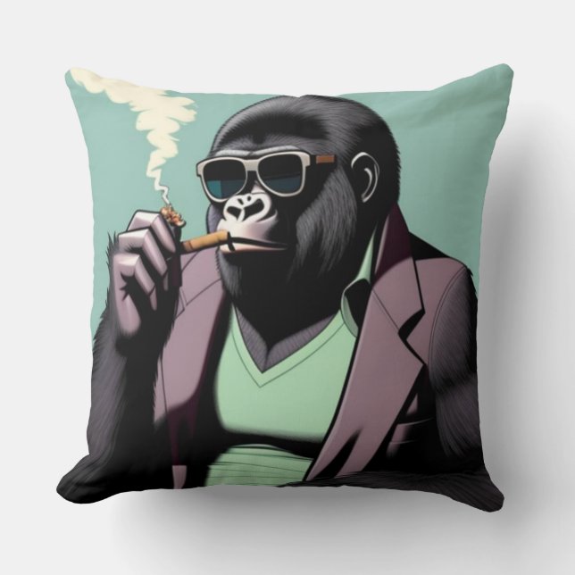Throw pillows, gorilla wearing sunglasses smoking cushion (Front)