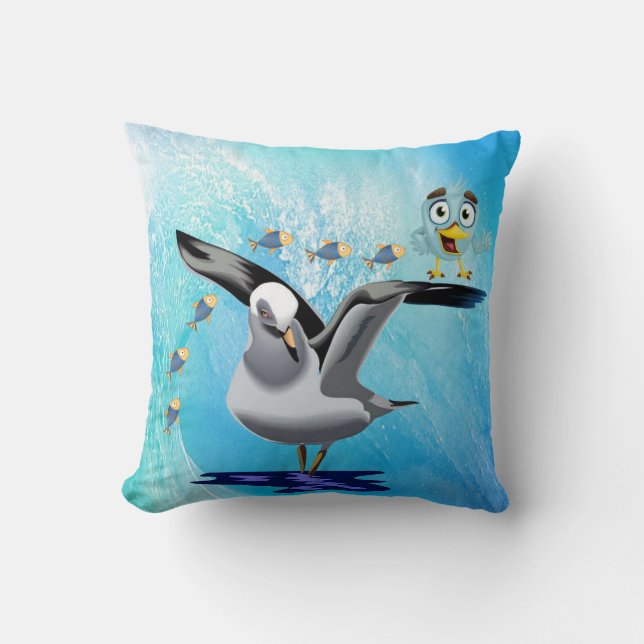 Throw Pillows Ocean Wave Seagull Fish Bird (Front)
