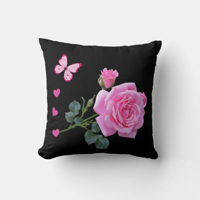 Throw Pillows Pink Rose Floral Butterfly (Front)