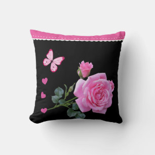 Throw Pillows Pink Rose Floral Butterfly