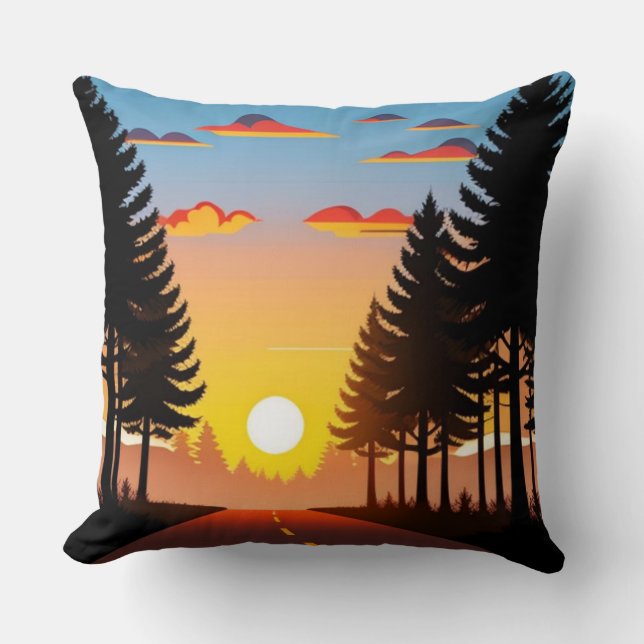 Throw pillows, Sunset above forest road Cushion (Front)