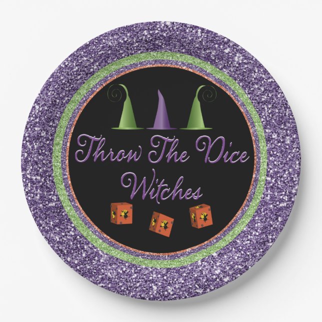 Throw The Dice Witches Purple Sparkle Bunco Paper Plate (Front)