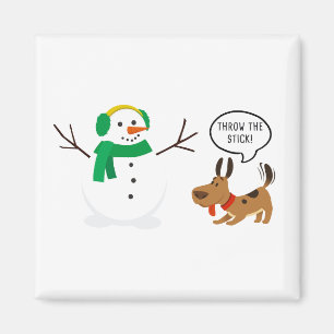 Throw The Stick Snowman & Dog Cute Funny Christmas Magnet