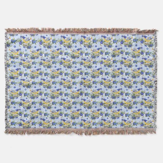 Throw Whimsical Bird & Blueberries Blue Yellow Blanket (Front)