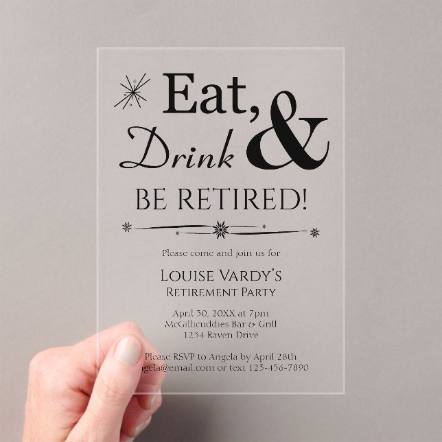 Throwback Eat Drink & Retire Retirement Party Acrylic Invitations (Insitu (Handheld))