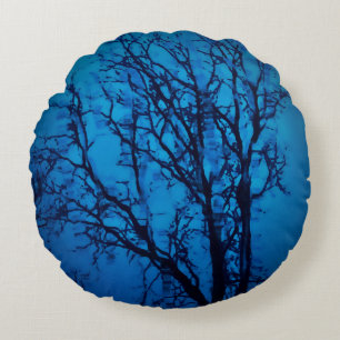 Thru The Glass, Weeping Tree Blue Abstract Art Round Cushion