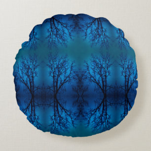 Thru The Glass, Weeping Tree Blue Forest Abstract Round Cushion