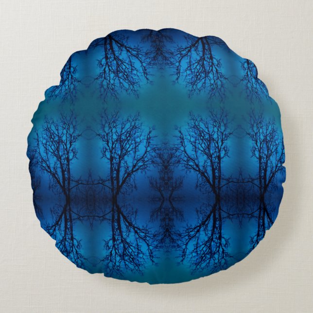 Thru The Glass, Weeping Tree Blue Forest Abstract Round Cushion (Front)