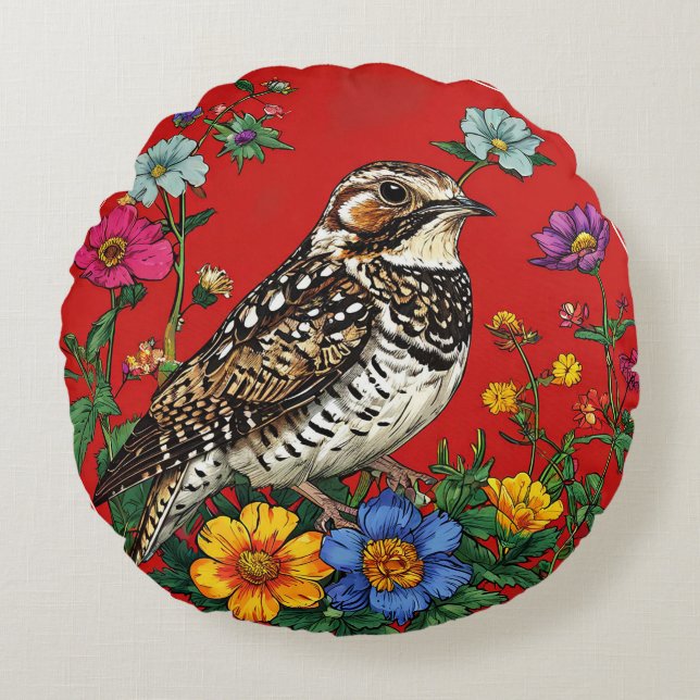 Thrush Bird Wildflowers on Red Backdrop Round Cushion (Front)