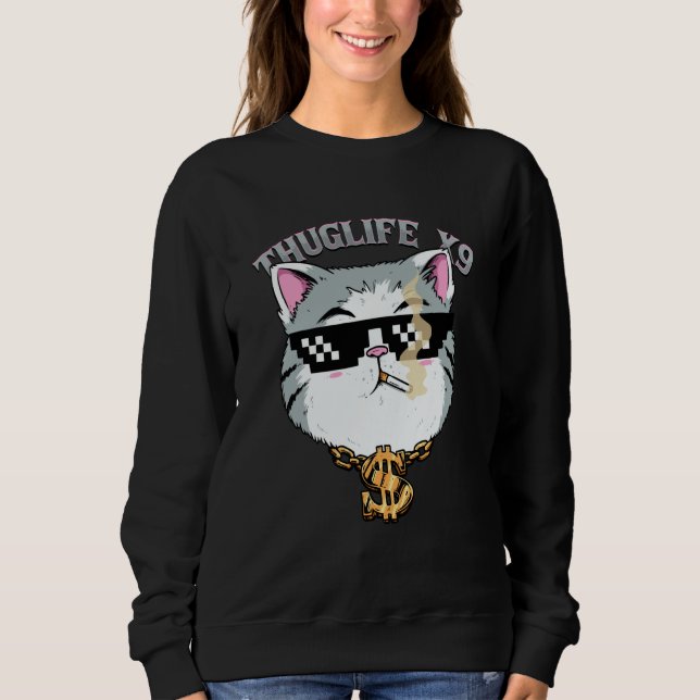 Thuglife Cat with Sunglasses Neck Chain Gangster C Sweatshirt (Front)