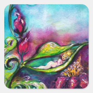 THUMBELINA SLEEPING BETWEEN ROSE LEAVES SQUARE STICKER