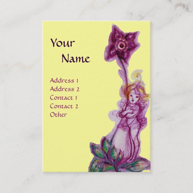 THUMBELINA WITH YELLOW PURPLE FLOWER MONOGRAM BUSINESS CARD (Front)