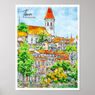 Thun Switzerland vintage travel watercolor Poster