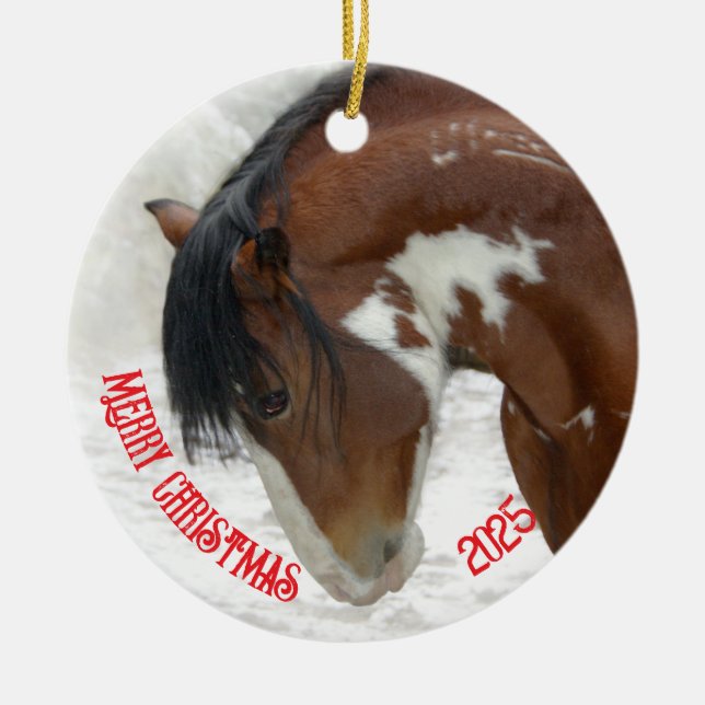 Thunder in Snow Horse Christmas  Ceramic Ornament (Front)