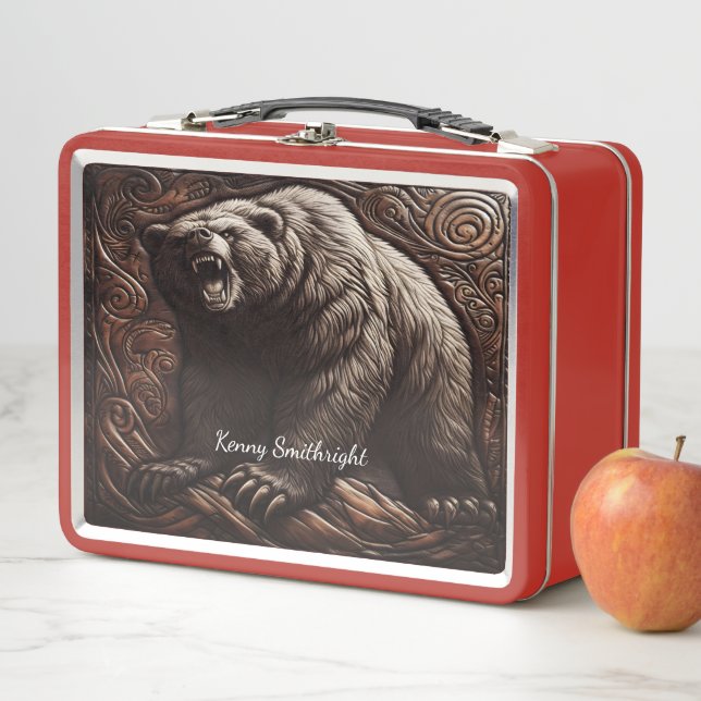 Thunderous Grizzly Roar in Leather Relief Metal Lunch Box (In Situ)