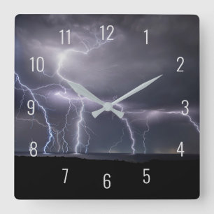 Thunderstorm Lightning Storm Black & Purple Square Wall Clock