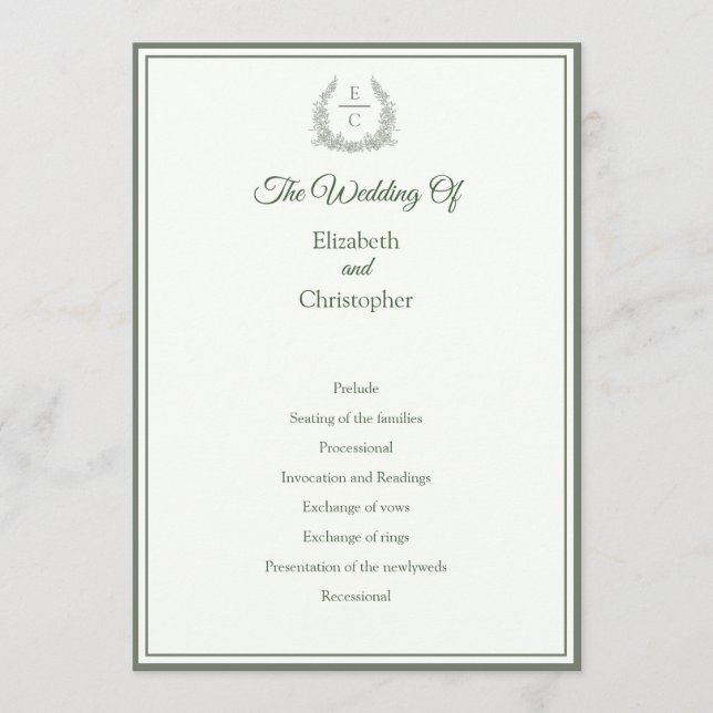 Thyme Green Crest Monogram Wedding Ceremony Program (Front)
