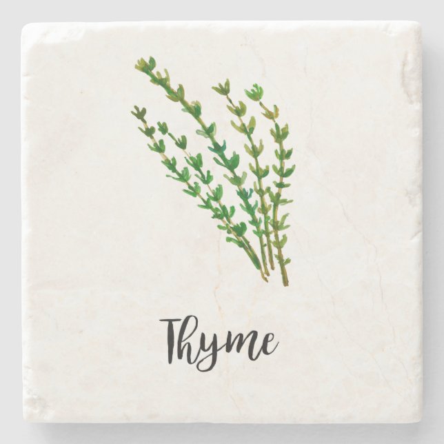 Thyme Herb Watercolor Painting Word Art Stone Coaster (Front)