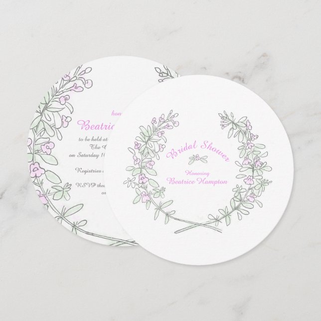Thyme wreath art round bridal shower invites (Front/Back)