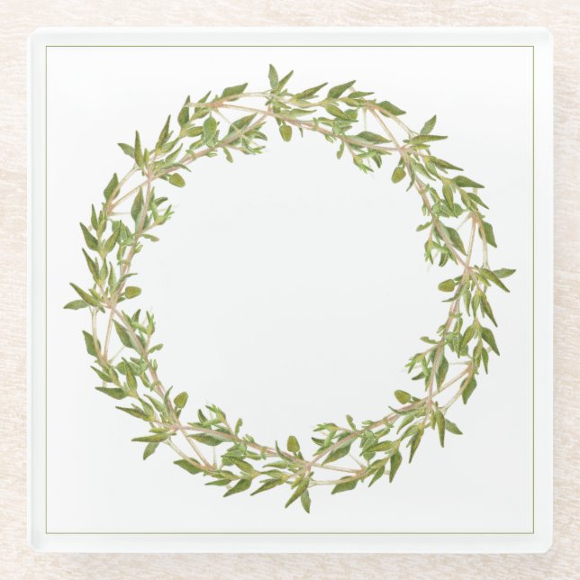 THYME WREATH Glass Drink Coaster (Front)