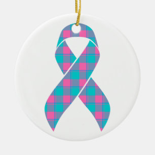 Thyroid Cancer Awareness Plaid Teal Ribbon Ceramic Ornament