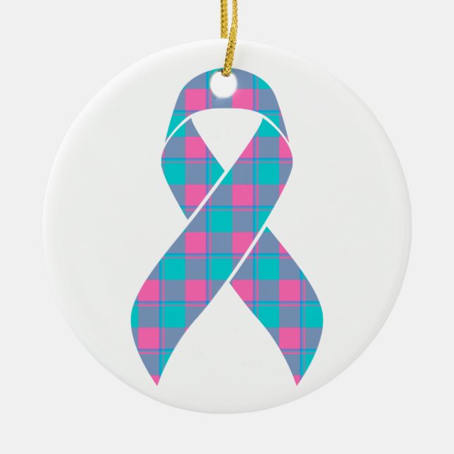 Thyroid Cancer Awareness Plaid Teal Ribbon Ceramic Ornament (Front)