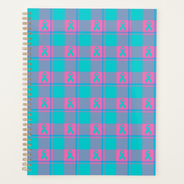 Thyroid Cancer Awareness Plaid Teal Ribbon Planner (Front)
