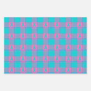 Thyroid Cancer Awareness Plaid Teal Ribbon Wrapping Paper Sheet