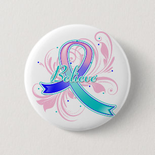 Thyroid Cancer Believe Flourish Ribbon 6 Cm Round Badge