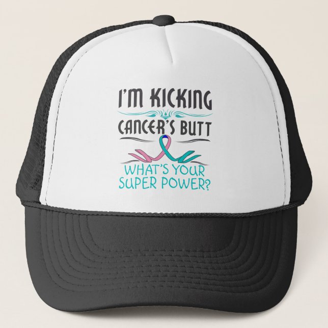 Thyroid Cancer Kicking Cancer Butt Super Power Trucker Hat (Front)