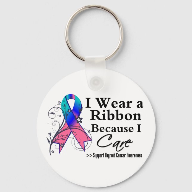 Thyroid Cancer Ribbon Because I Care Key Ring (Front)