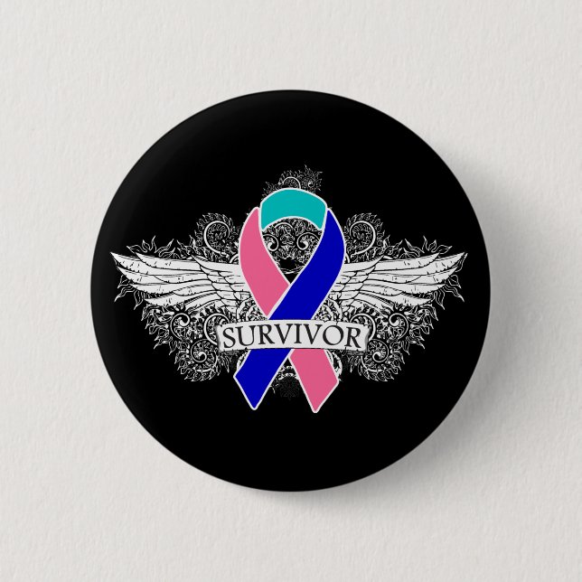 Thyroid Cancer Winged SURVIVOR Ribbon 6 Cm Round Badge (Front)