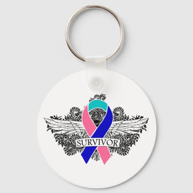 Thyroid Cancer Winged SURVIVOR Ribbon Key Ring (Front)