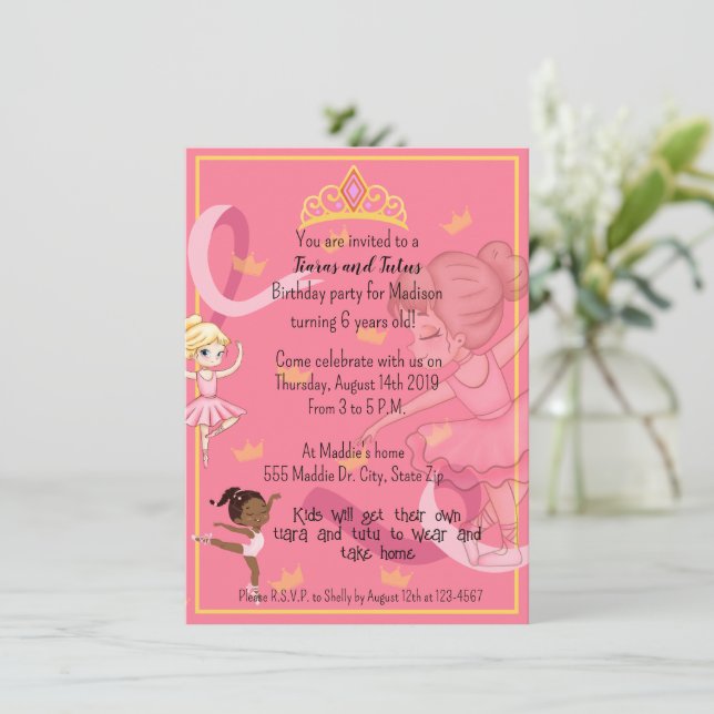 Tiara and Tutu little girl birthday invitations (Standing Front)