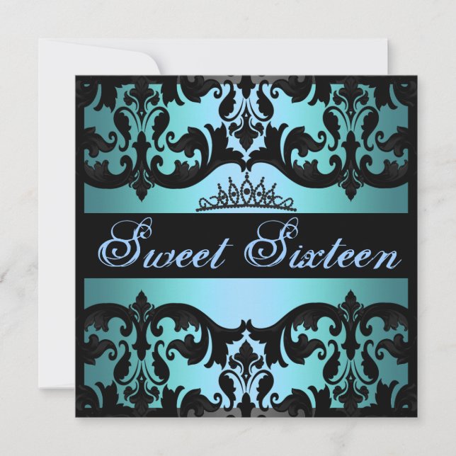 Tiara Blue Sweet16 Damask Birthday Invite (Front)