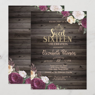 Tiara,Burgundy Flowers Wood Rustic Sweet 16 Party Invitation