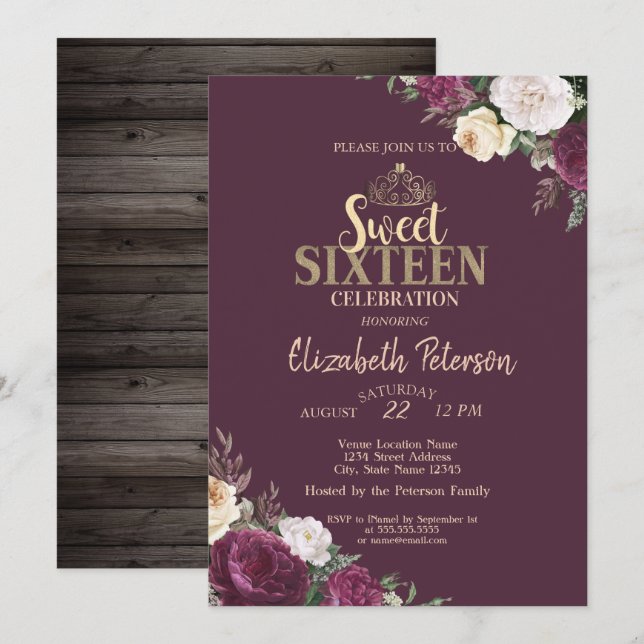 Tiara,Burgundy Flowers Wood Sweet 16 Party  Invitation (Front/Back)