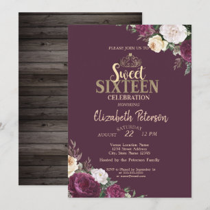 Tiara,Burgundy Flowers Wood Sweet 16 Party  Invitation