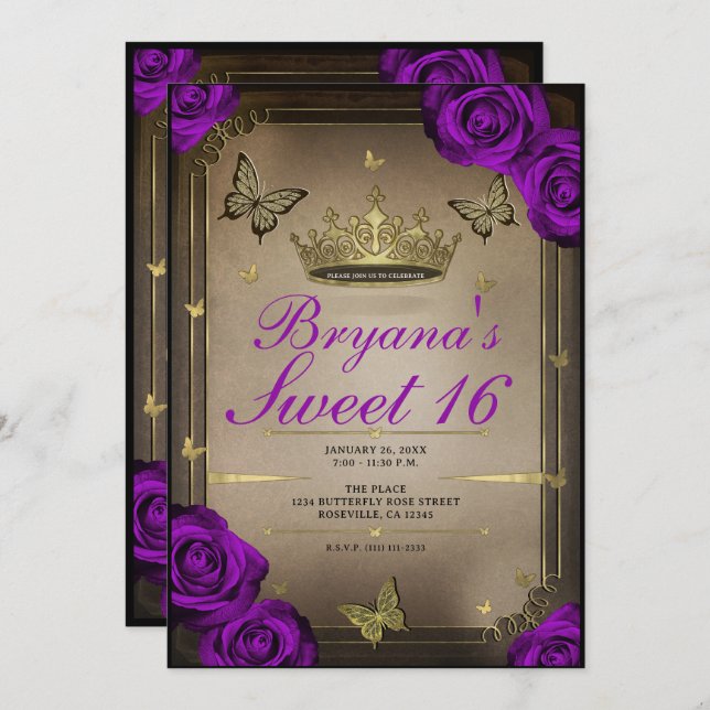 Tiara Butterflies Bright Purple Roses Sweet 16  Invitation (Front/Back)